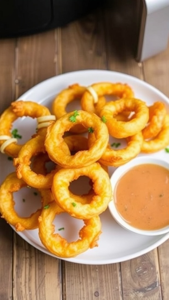 Crispy air fryer onion rings served with dipping sauce on a rustic wooden table.